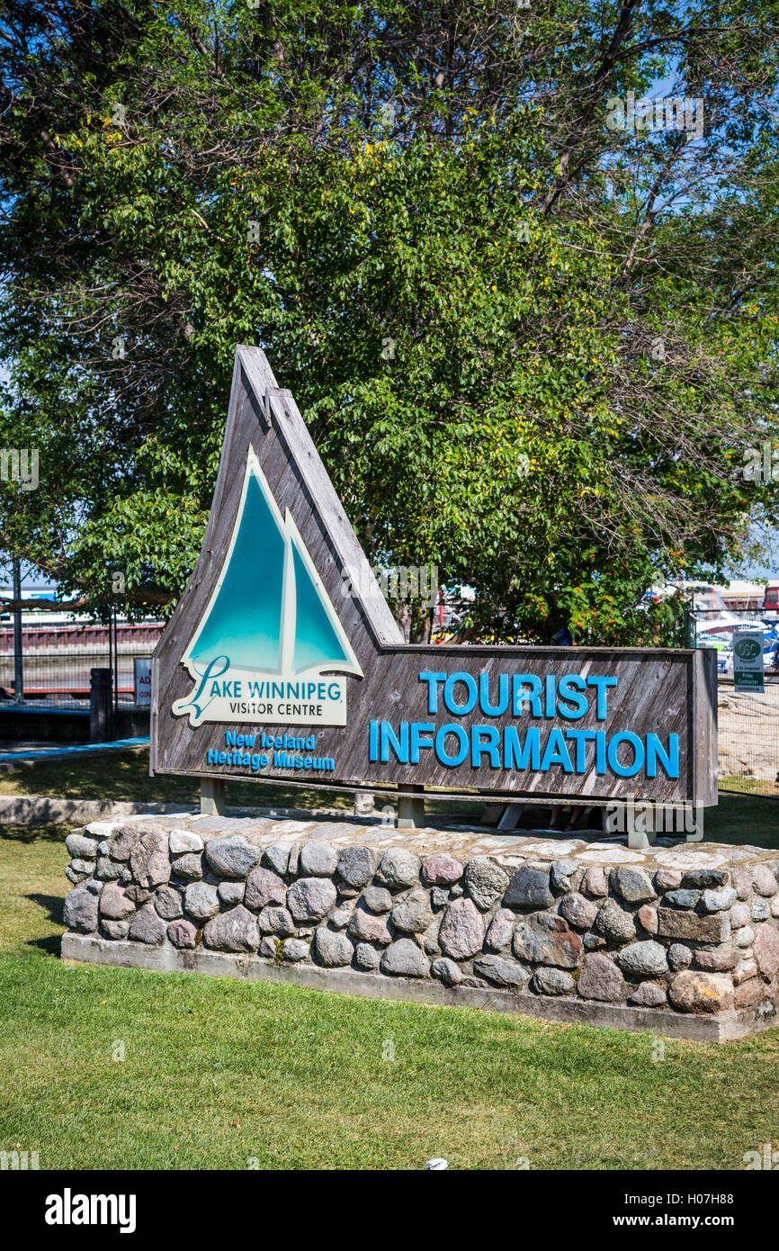 Una informazione turistica segno presso la marina a Gimli, Manitoba, Canada. Foto Stock