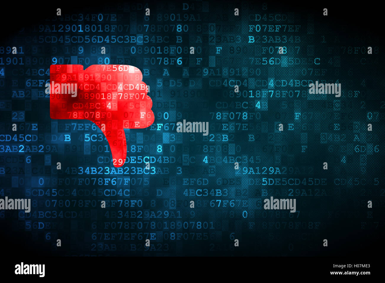 Social media concetto: il pollice verso il basso su sfondo digitale Foto Stock