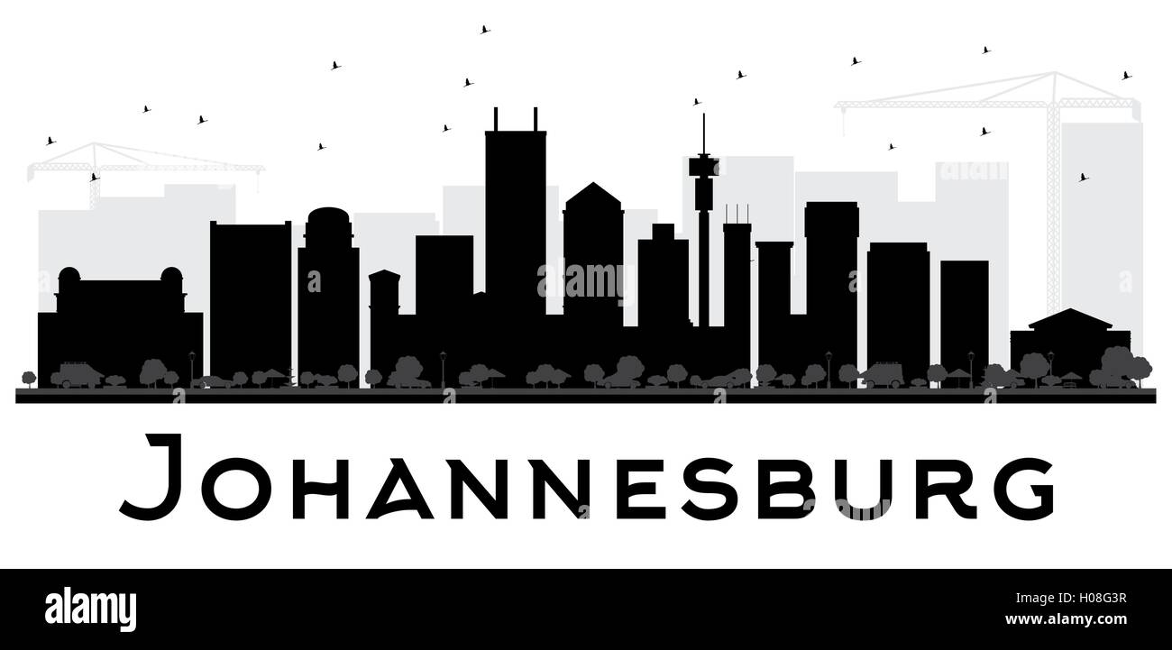 Johannesburg dello skyline della città in bianco e nero silhouette. semplice piatto concetto per il turismo presentazione, banner, cartellone o sito web. Illustrazione Vettoriale
