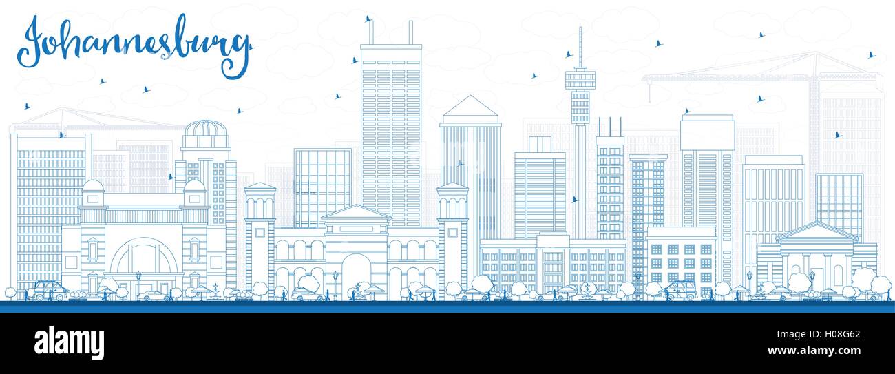Profilo dello Skyline di Johannesburg con edifici blu. Illustrazione Vettoriale. Viaggi di affari e di turismo con il concetto di Johannesburg Illustrazione Vettoriale