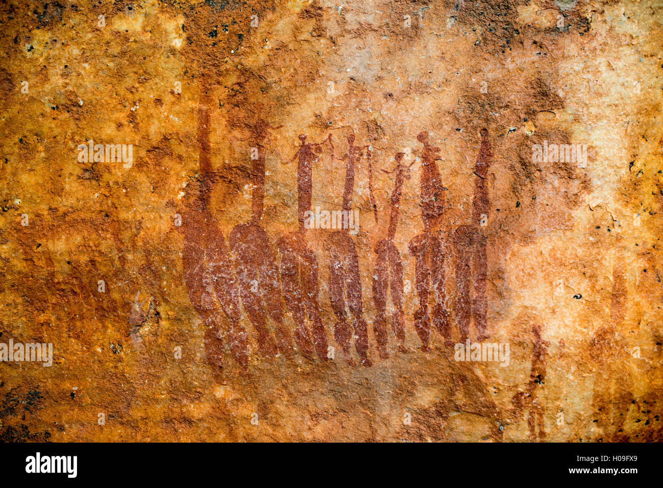 San arte rupestre pitture rupestri sulla parete di una sporgenza rocciosa del Cederberg, Western Cape, Sud Africa e Africa Foto Stock