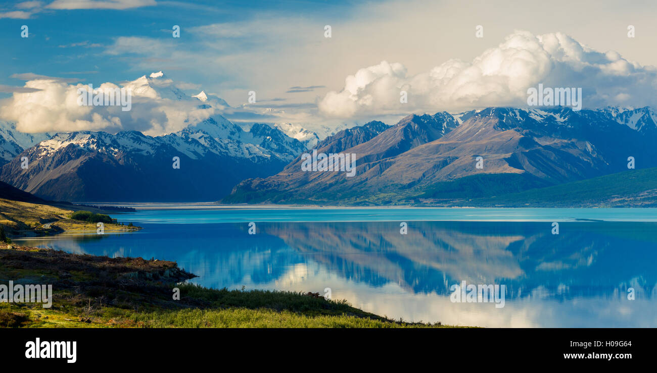 Aorkai (Mount Cook) e le Alpi del Sud, Lago Pukaki, UNESCO, Canterbury, Isola del Sud, Nuova Zelanda Foto Stock
