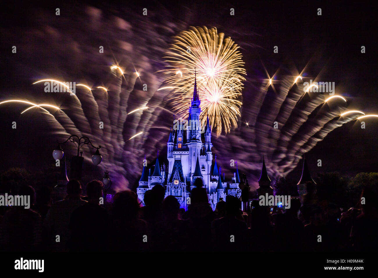 Immagine del Magic Kingdom Park castello con fuochi d'artificio in background Foto Stock