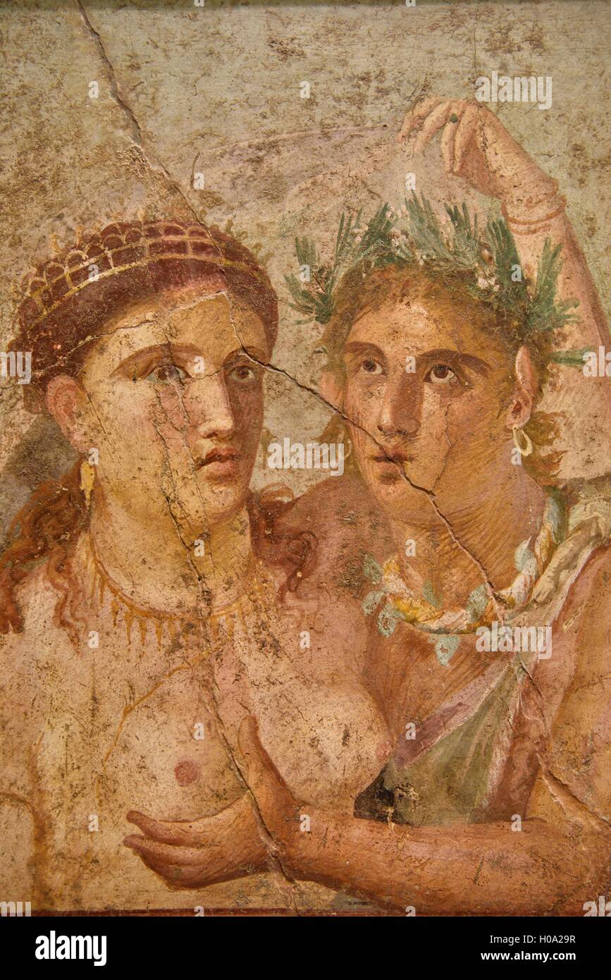 Erotic pittura murale di Satiro e Menade, Casa di Lucio Cecilio Giocondo di Pompei, il Museo Archeologico Nazionale di Napoli Foto Stock