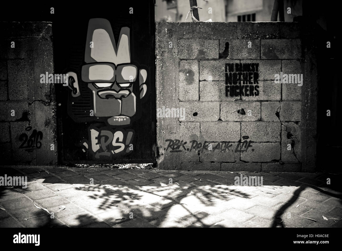 Graffitis a Beirut - 10/06/2016 - Libano / Beirut - Mar Mikhail, Beirut, giugno 2016. Iconico 'Cesar' carattere da EPS. Questo sportello è stato dipinto dopo il proprietario del parcheggio lo ha chiesto. - Bilal Tarabey / Le Pictorium Foto Stock