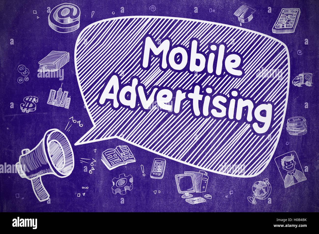 Mobile Advertising - Doodle illustrazione sulla lavagna blu. Foto Stock