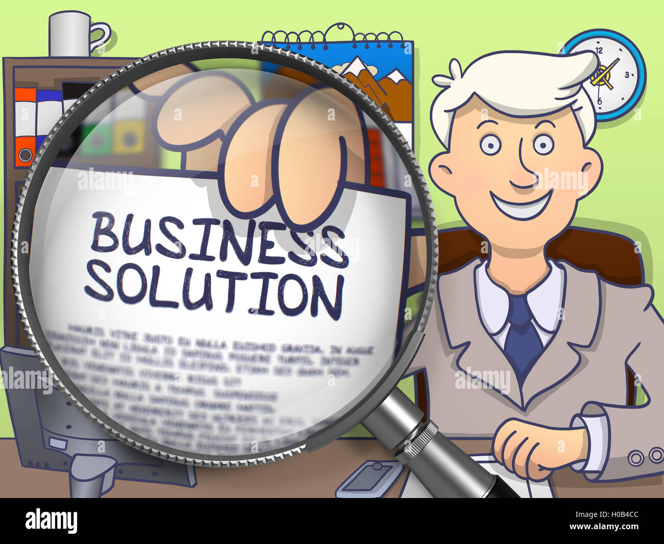 La soluzione aziendale attraverso la lente di ingrandimento. Doodle Design. Foto Stock