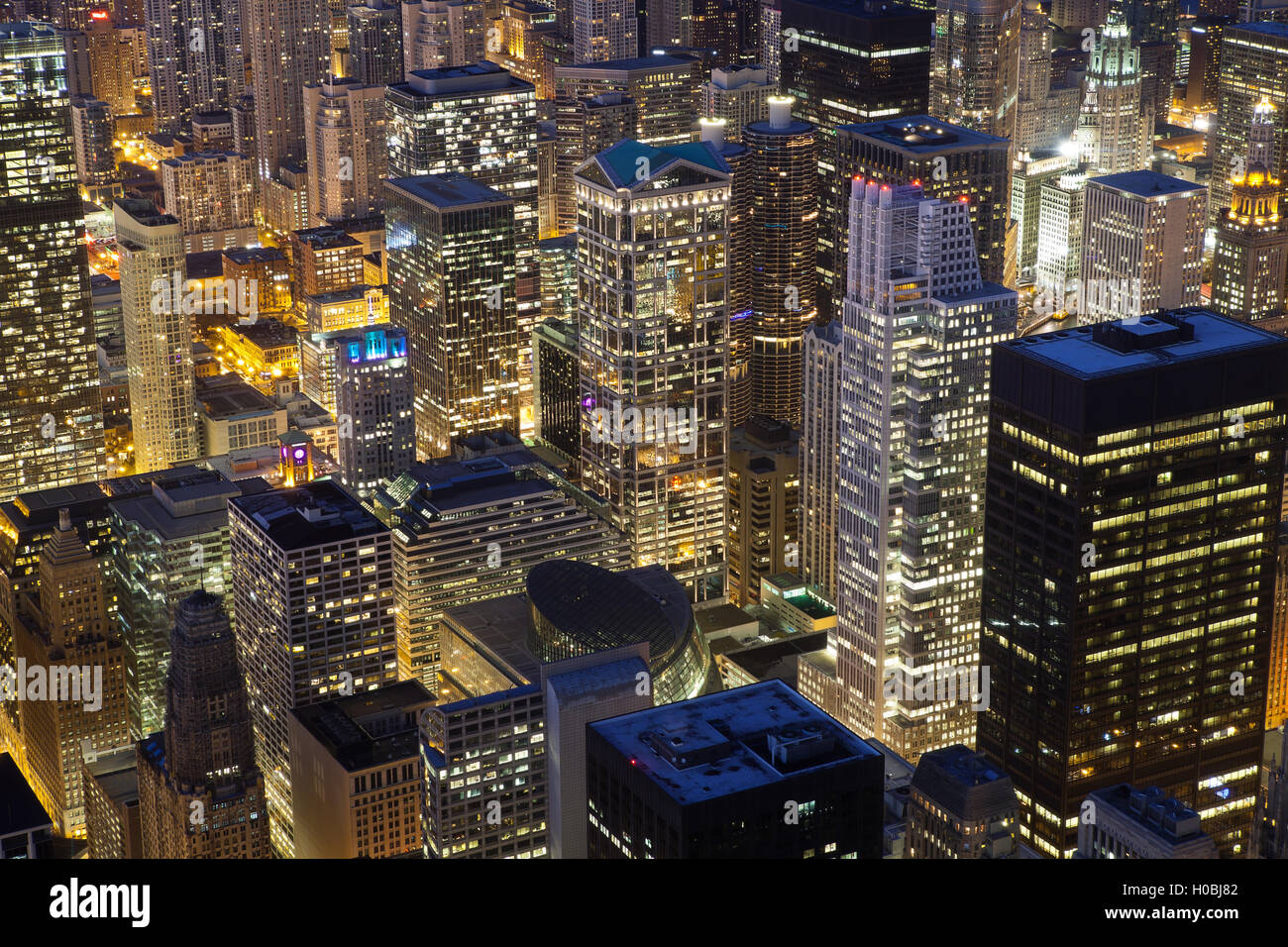 Architettura di Chicago.Close up immagine di Chicago Downtown edifici di notte. Foto Stock