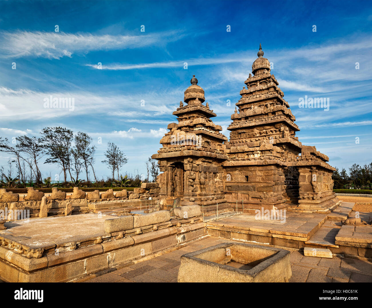 Shore temple - Sito del Patrimonio Mondiale in Mahabalipuram, Tamil Nad Foto Stock