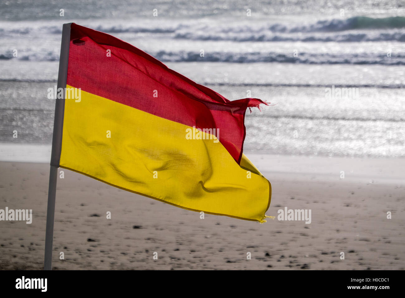 Il bagnino bandiera sulla spiaggia Whitesands, Pembrokeshire Foto Stock