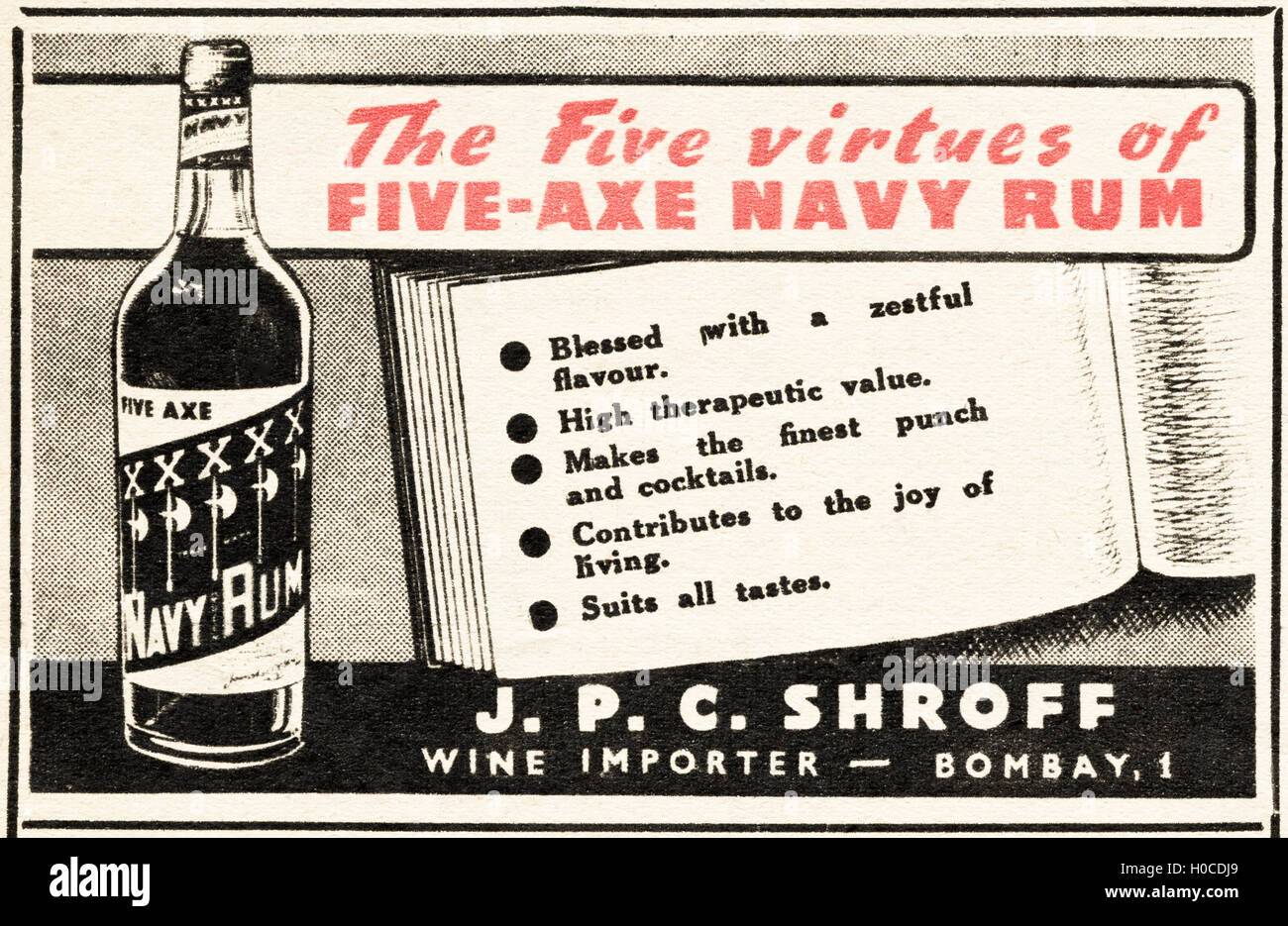 Pubblicità Pubblicità cinque Ax Navy rum vecchio originale vintage annuncio dalla lingua inglese magazine pubblicato in India datata 1945 Foto Stock