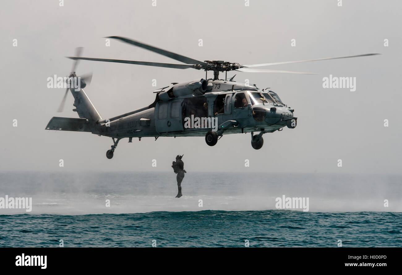Stati Uniti Navy Special Operations Commander Task Group 56 Ordinanza sugli esplosivi tecnici di smaltimento condotta cast e operazioni di recupero nei pressi di Bahrain Giugno 6, 2016 nel Golfo Arabico. Foto Stock