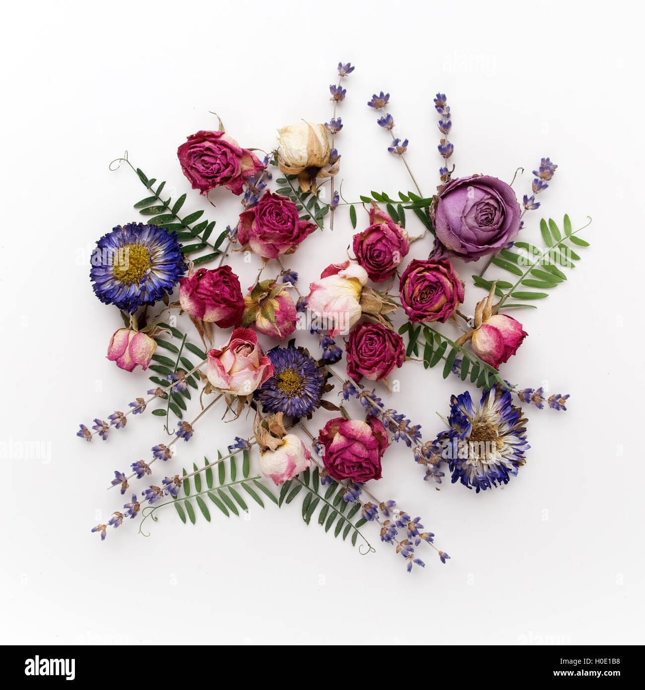 Colorato luminoso modello realizzato di fiori secchi. Piatto, laici vista superiore Foto Stock