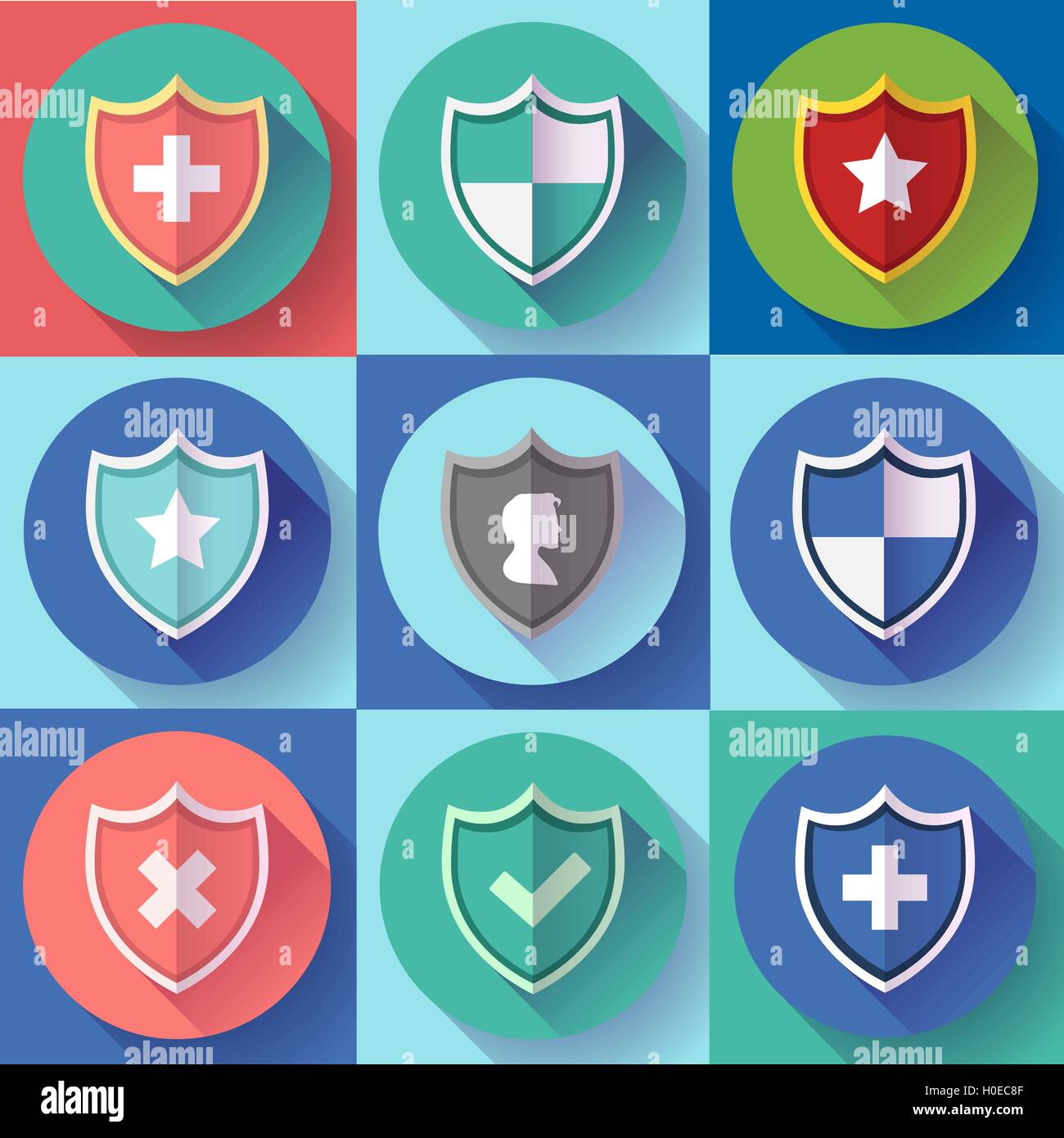 Protezione di sicurezza icon set - Simboli di protezione. Design piatto stile. Illustrazione Vettoriale