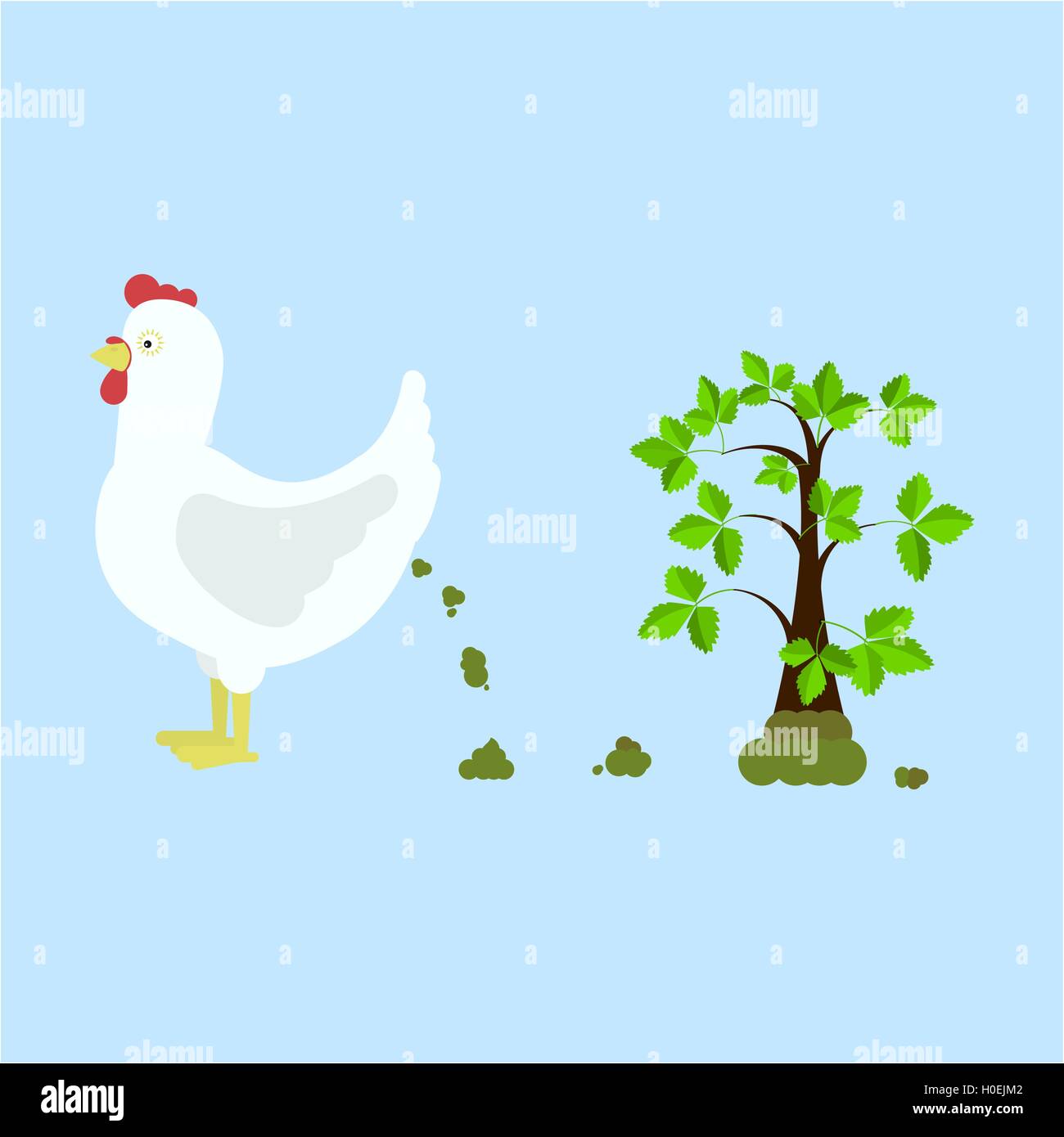 Pooping di pollo e la concimazione del terreno. Albero con un incremento di oltre il compost. Isolato. Sfondo blu. Illustrazione Vettoriale