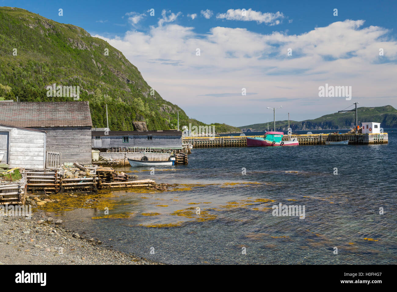 Il villaggio di pescatori e porto con fasi di pesca e barche per la pesca alla trota sul fiume, Terranova e Labrador, Canada. Foto Stock