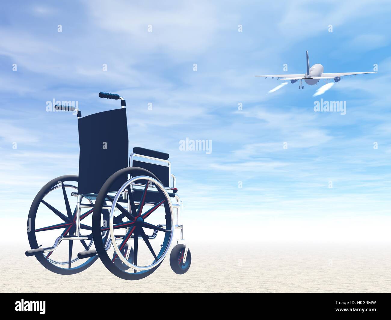 Sedia a rotelle e viaggi in aereo- 3D render Foto Stock