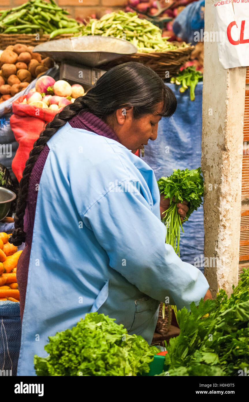 Produrre il fornitore del mercato in Mercado Comedor a Uyuni, Bolivia Foto Stock