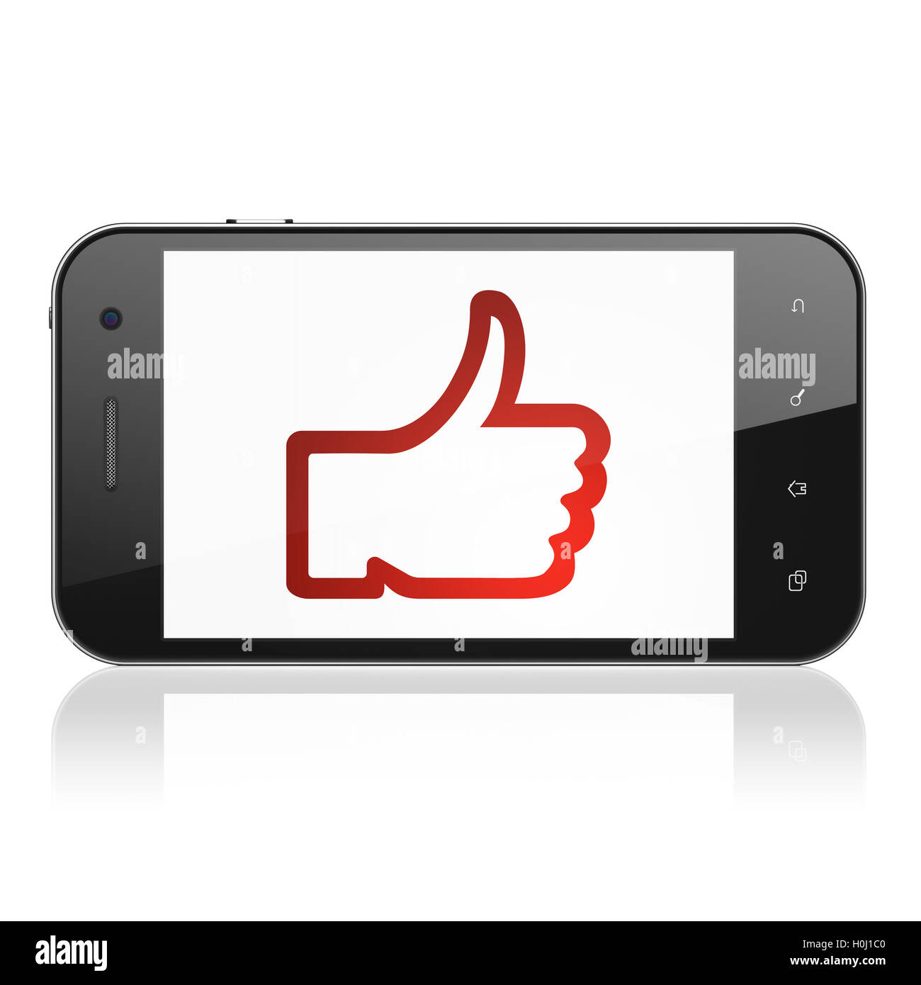 Social media concetto: pollice in alto sullo smartphone Foto Stock