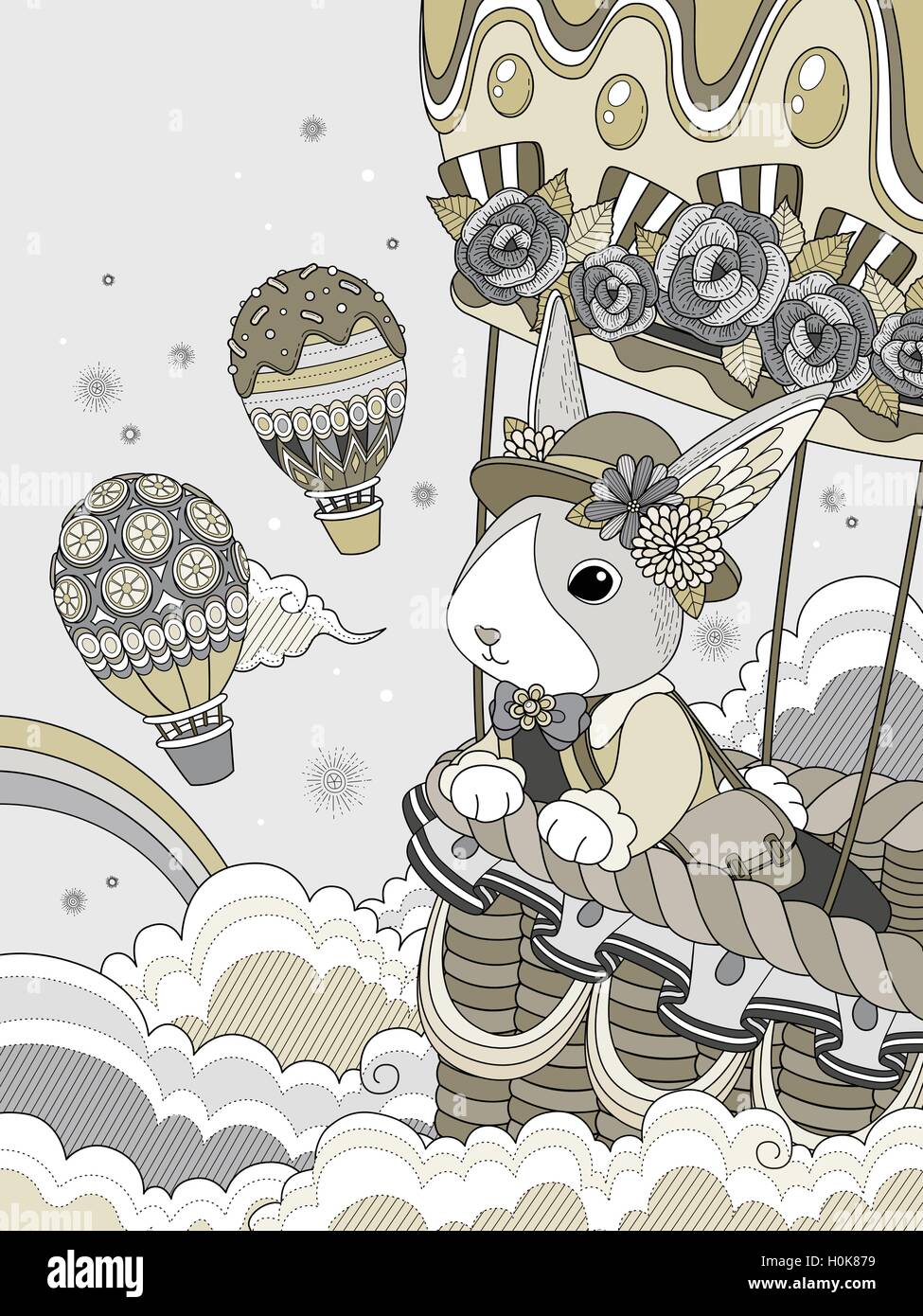 Bella la colorazione degli adulti pagina, miss rabbit prende giro in mongolfiera verso il cielo Illustrazione Vettoriale