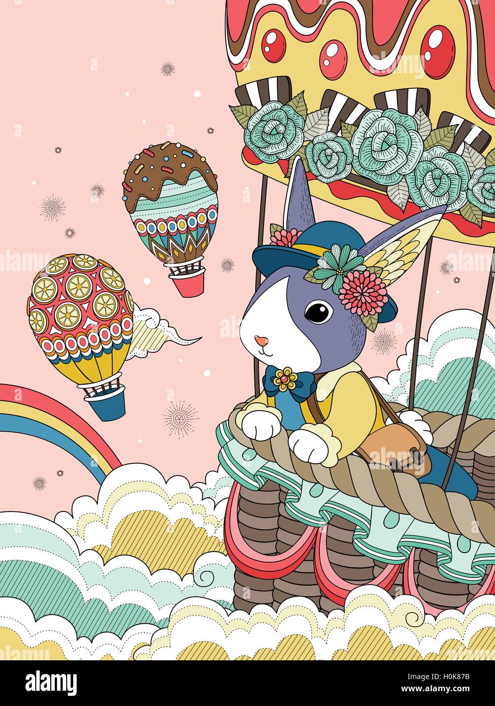 Bella la colorazione degli adulti pagina, miss rabbit prende giro in mongolfiera verso il cielo Illustrazione Vettoriale