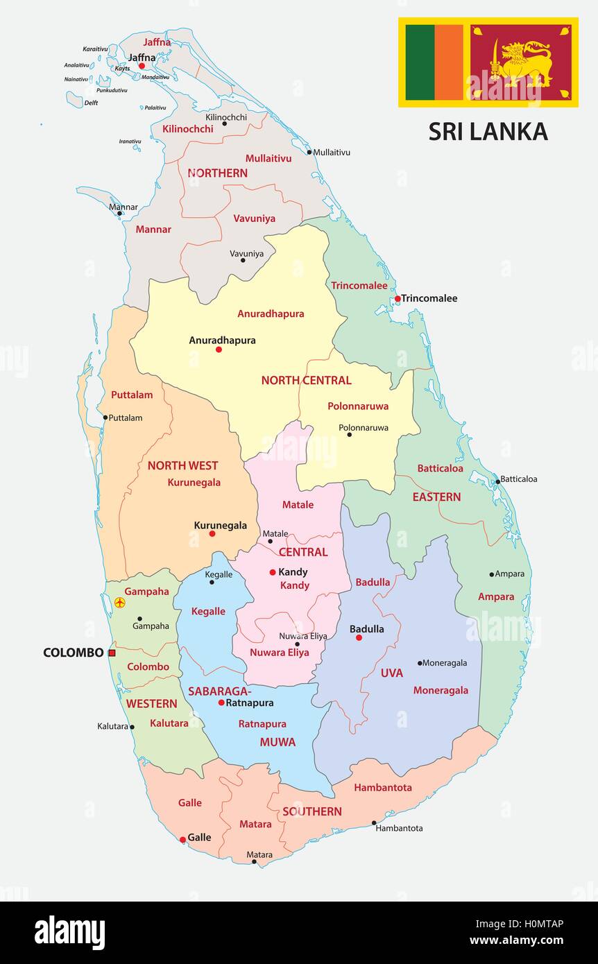 Sri lanka mappa amministrativa con bandiera Illustrazione Vettoriale