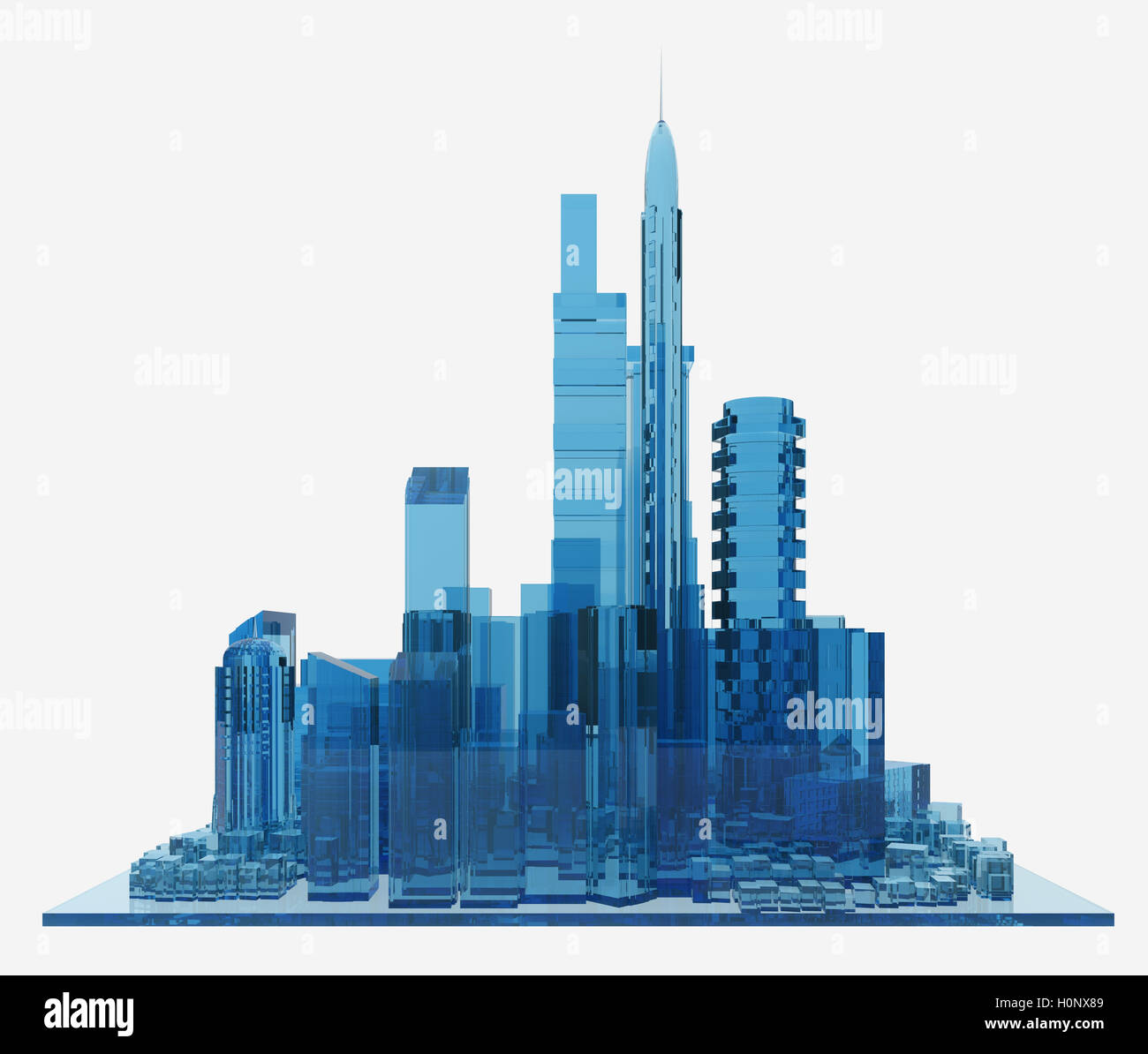 Vetro blu città isolata su bianco. Il rendering 3D Foto Stock