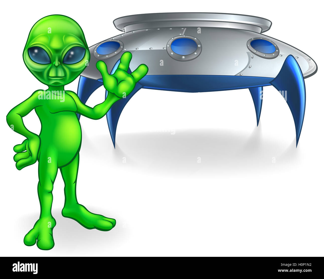 Un piccolo uomo verde alien personaggio dei fumetti sventolare davanti al suo Flying Saucer astronave Foto Stock