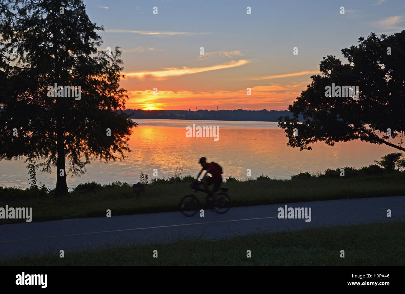 Il sole sorge oltre il White Rock Lake in Dallas Texas come un ciclista corse il percorso attorno al lago. Foto Stock