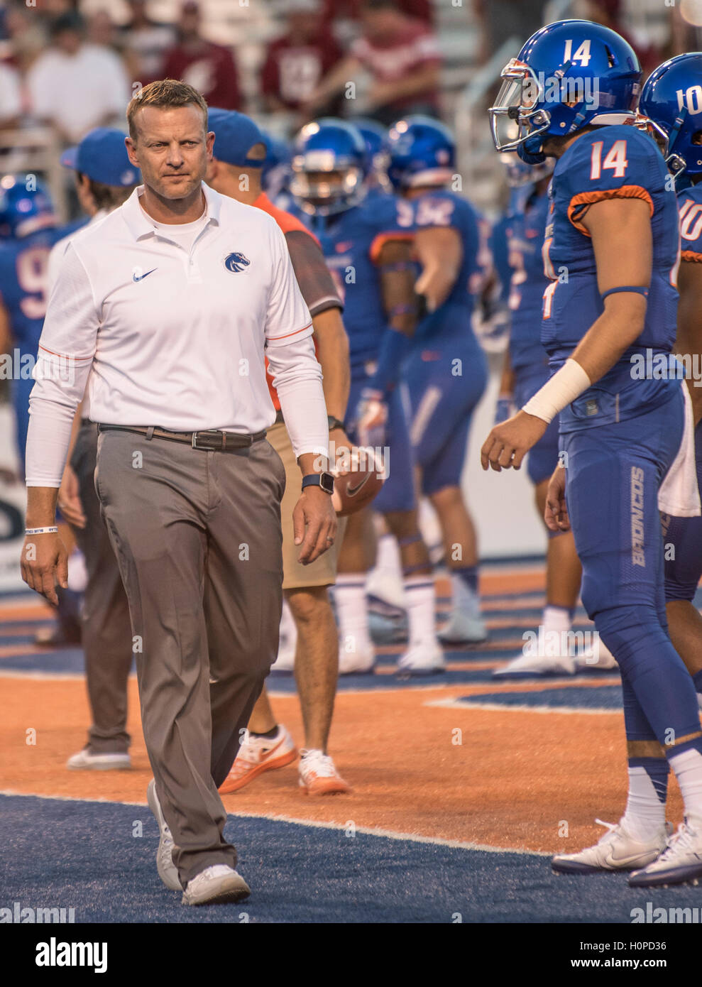 Boise State Football. Coach Brian Harsin su sidleines. Boise, Idaho Foto Stock
