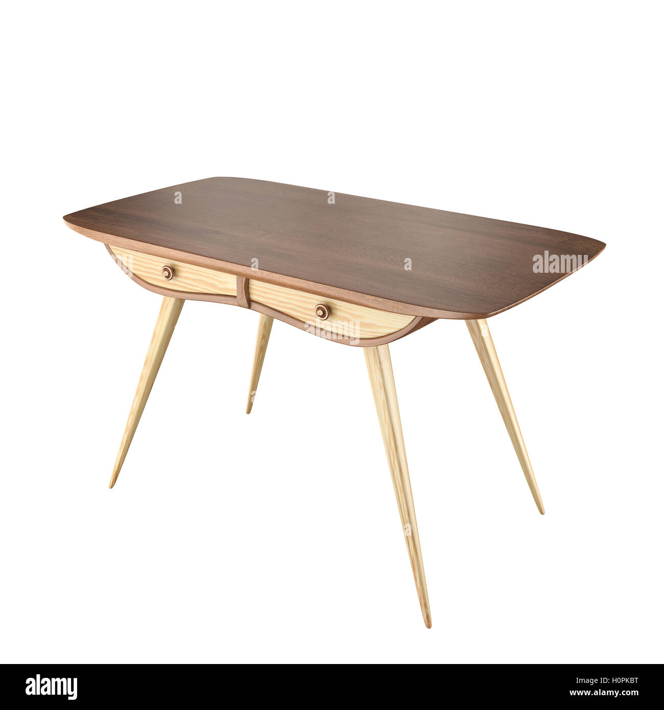 Tavolo in legno con cassetti isolati su sfondo bianco. Foto Stock
