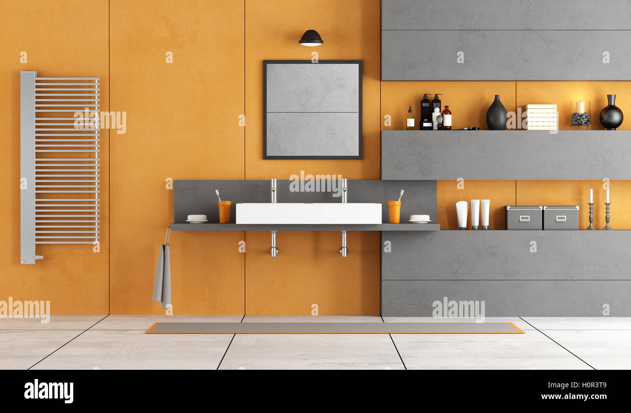 Arancione e grigio moderno bagno con lavabo,nicchia e lavabo - 3d rendering  Foto stock - Alamy
