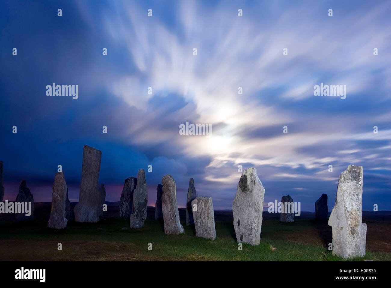 Credito foto DOUG BLANE Callanish cerchio di pietra di notte durante la luna piena isola di Lewis Ebridi Esterne Western Isles della Scozia U Foto Stock
