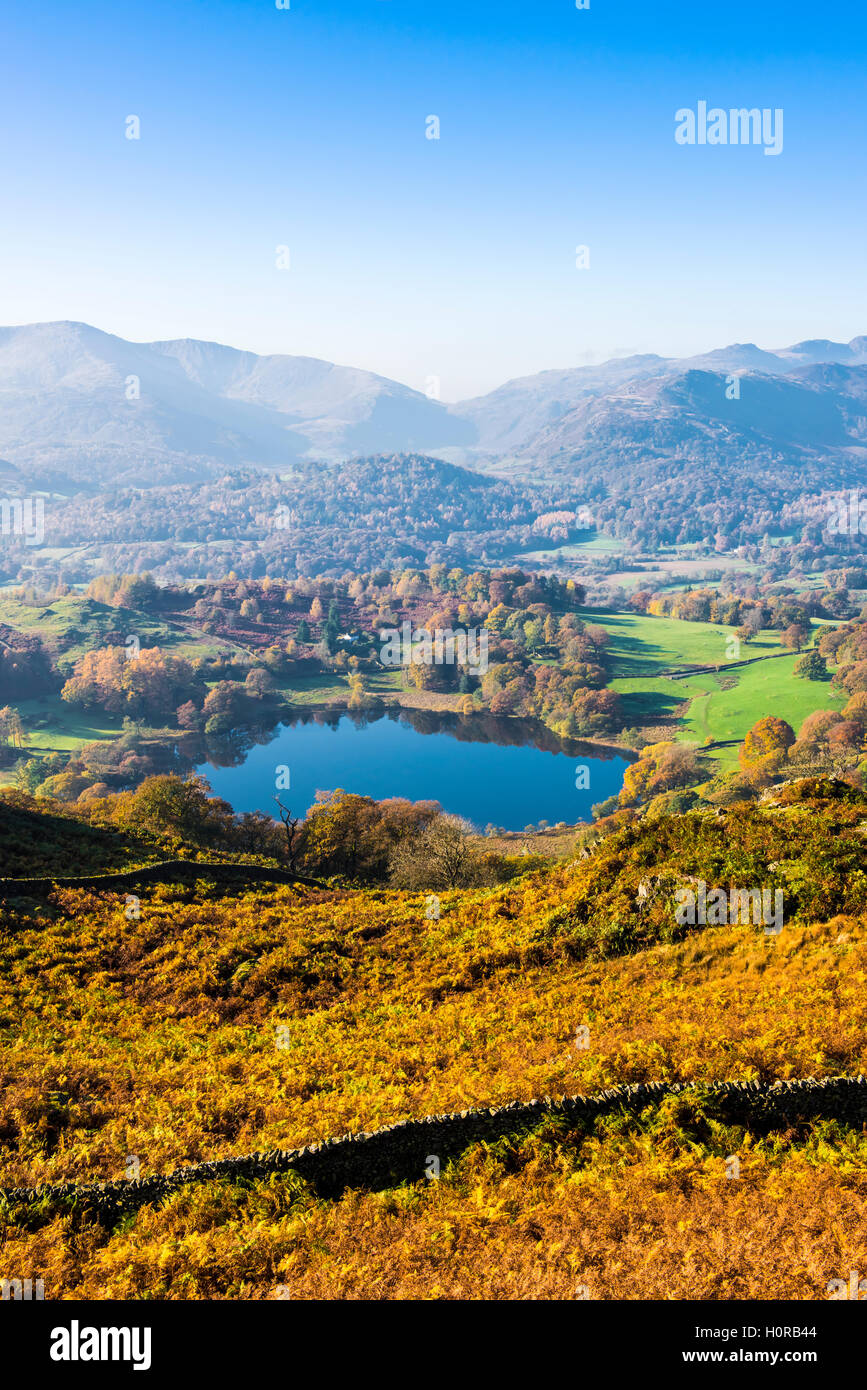 Loughrigg Tarn visto dal Loughrigg cadde con Wetherlam e Lingmoor è sceso al di là. Lake District. Cumbria. In Inghilterra. Foto Stock