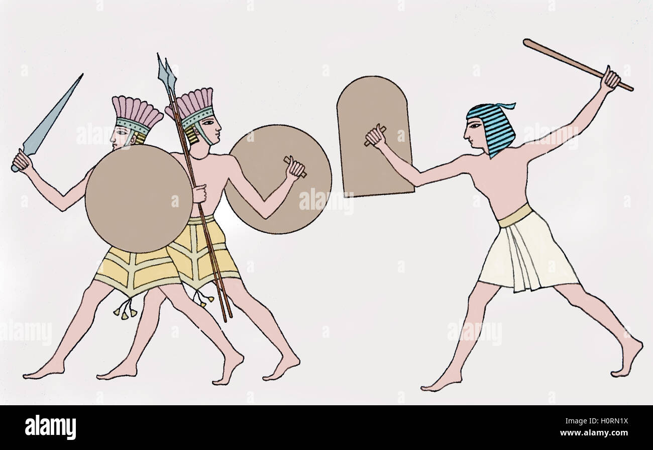 Antico Egitto. Militari. Due Filistei a combattere con un Egiziano. Palazzo di Ramesse IV. Nuovo Regno. Incisione. Colore. Xix Foto Stock