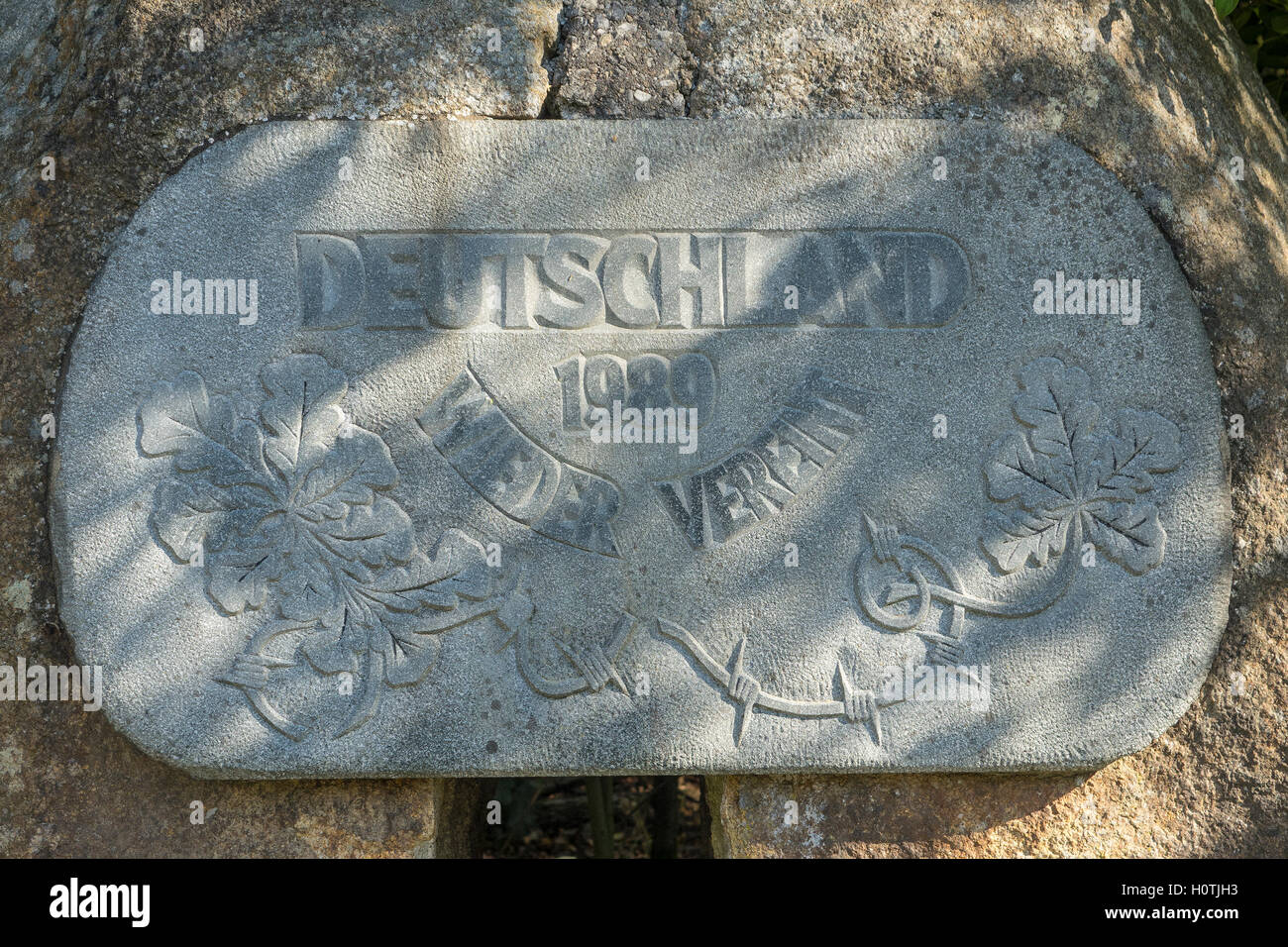 Germania, Bassa Sassonia, Harz, " la Repubblica federale di Germania di nuovo unita' firmare sul sito della vecchia cortina di ferro Foto Stock