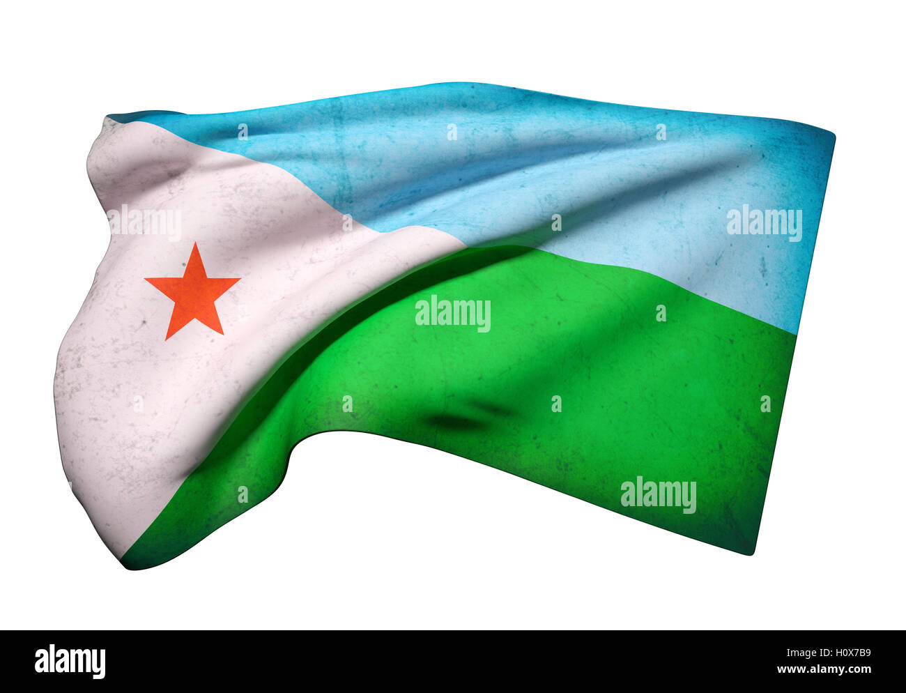3D rendering di vecchi Gibuti bandiera sventola su sfondo bianco Foto Stock