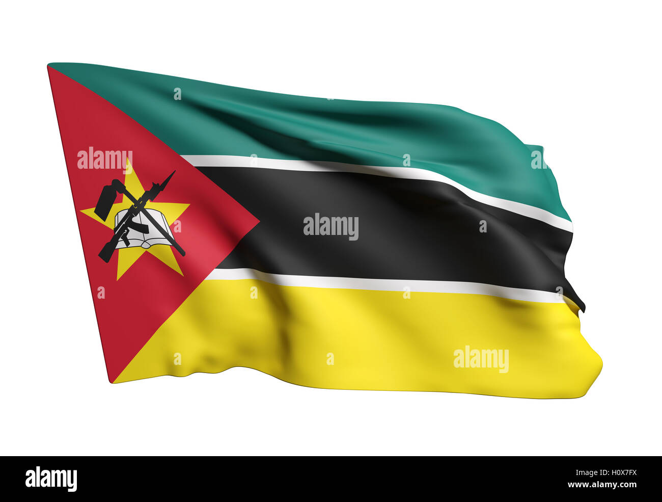 3D rendering della Repubblica di Mozambico bandiera sventola su sfondo bianco Foto Stock