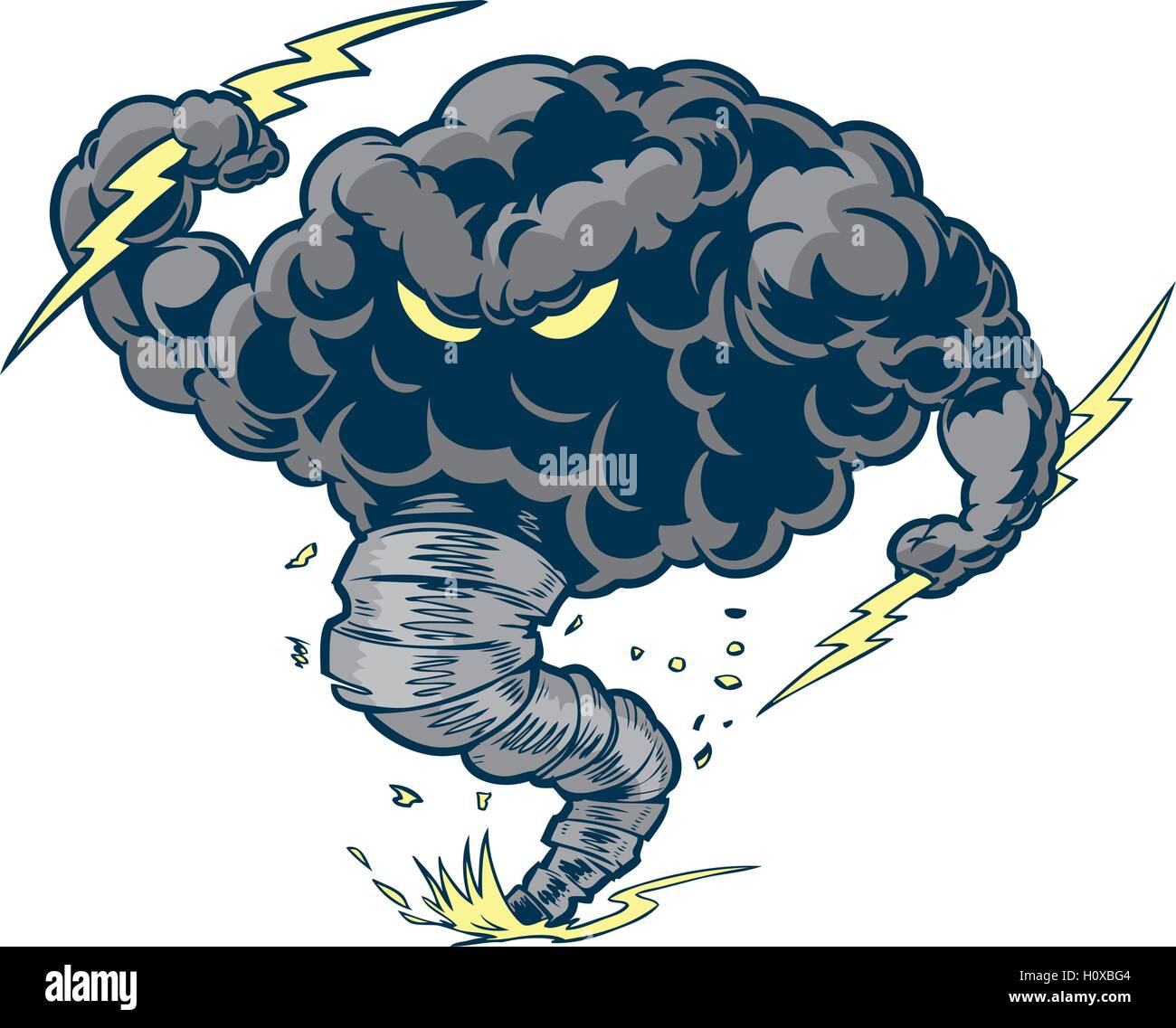 Vector cartoon clip art illustrazione di una dura thundercloud o tempesta mascotte cloud con fulmini e un tornado imbuto. Illustrazione Vettoriale