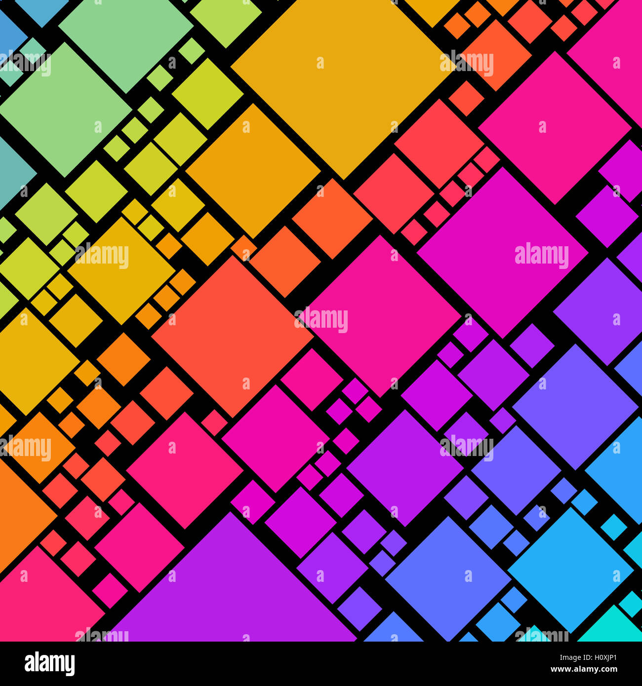 Un sacco di colorato di forma quadrata in righe diagonali su nero Foto Stock