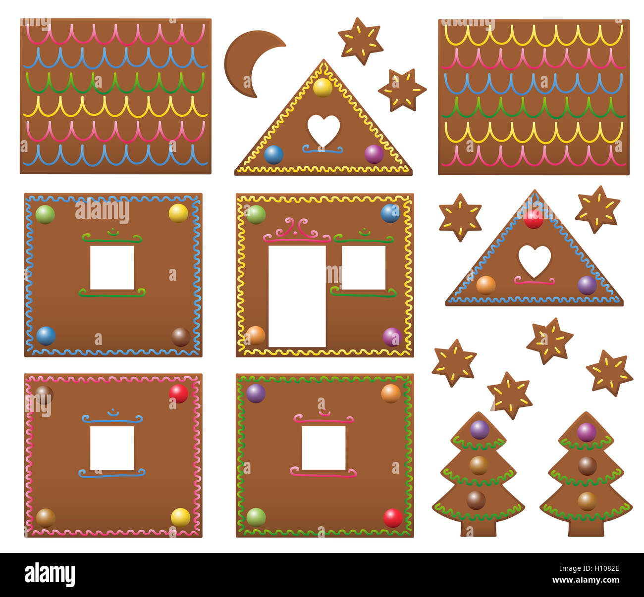 Gingerbread house componenti modello con caramelle colorate - illustrazione su sfondo bianco. Foto Stock