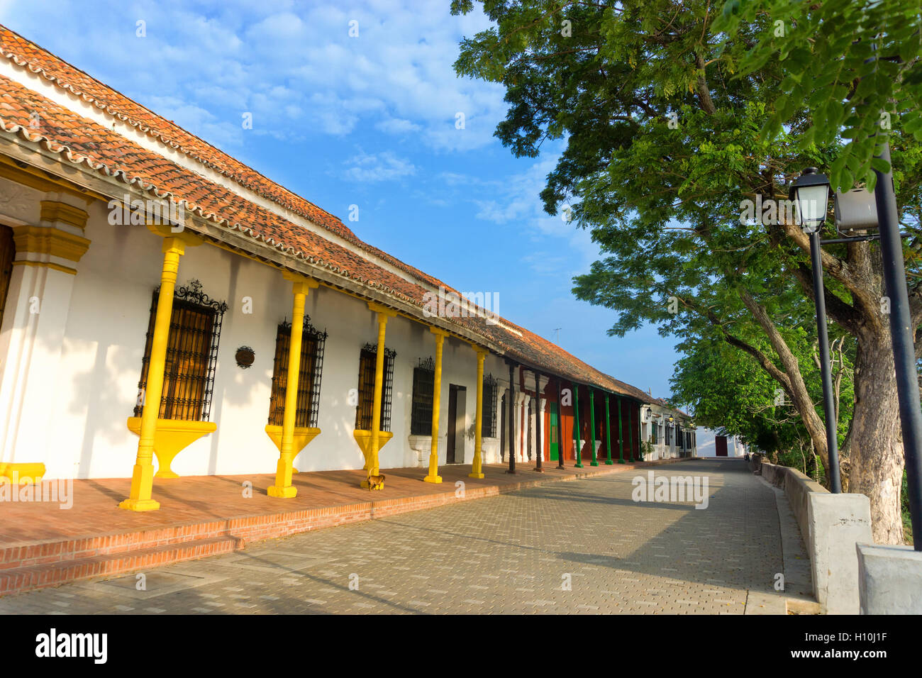 Splendido viale alberato strada coloniale in Mompox, Colombia Foto Stock