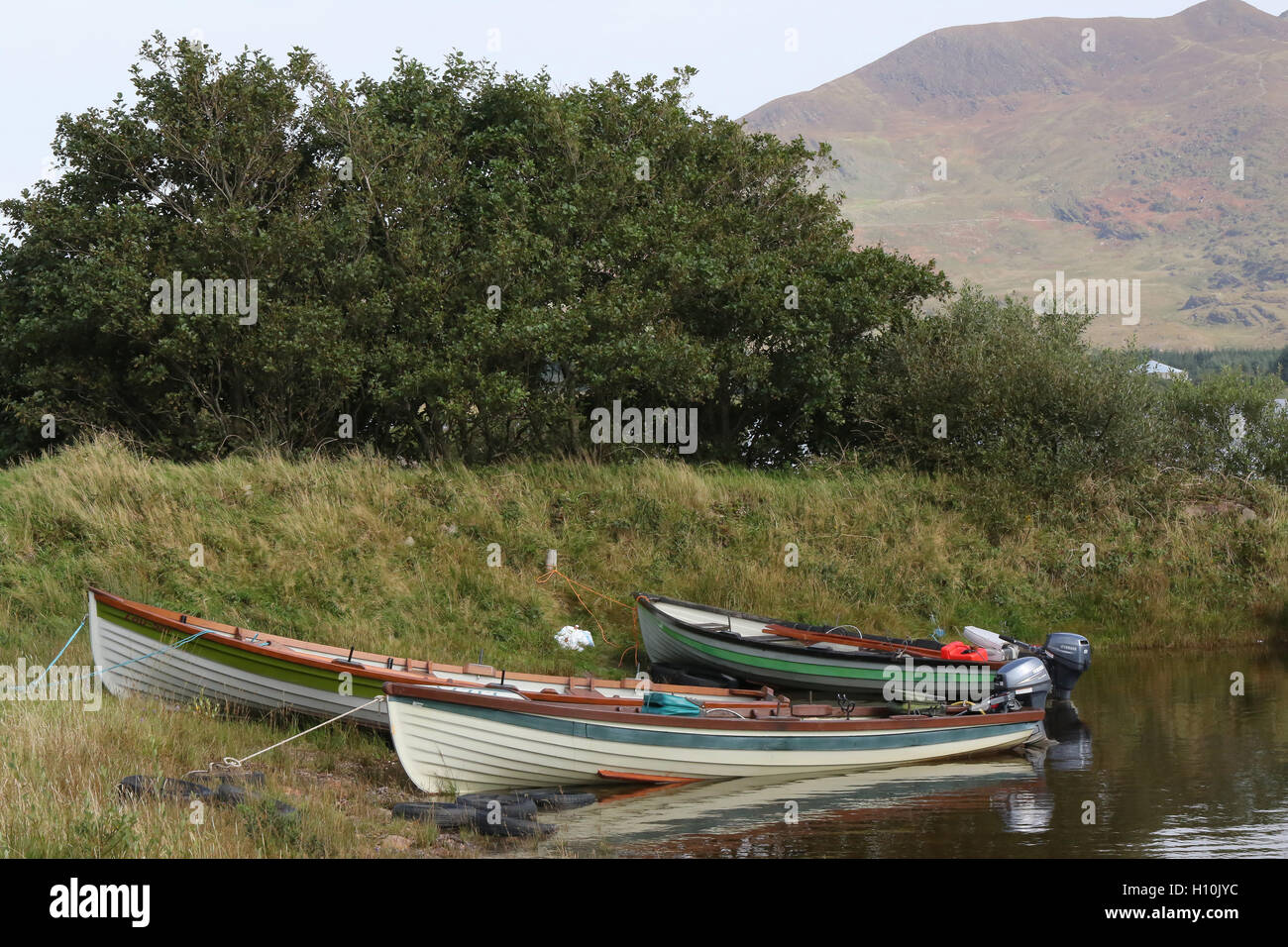 Pesca alla trota marina Irlanda pesca al salmone Irlanda barche da pesca in legno per pescatori sulla riva di Lough Currane, Contea di Kerry, Irlanda. Foto Stock