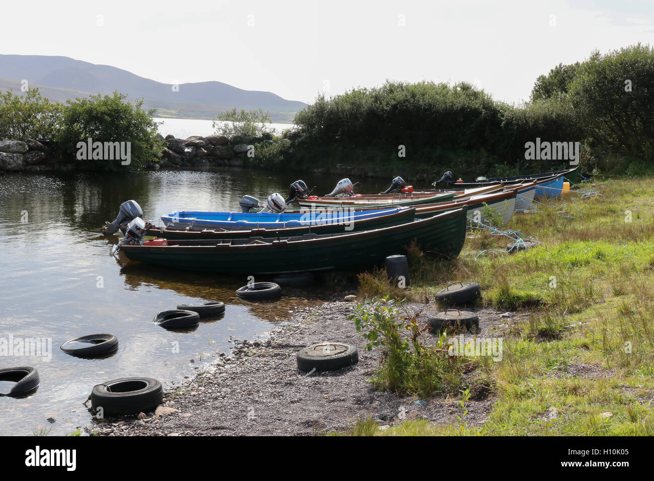 Pesca alla trota marina Irlanda pesca al salmone Irlanda barche da pesca in legno per pescatori sulla riva di Lough Currane, Contea di Kerry, Irlanda. Foto Stock