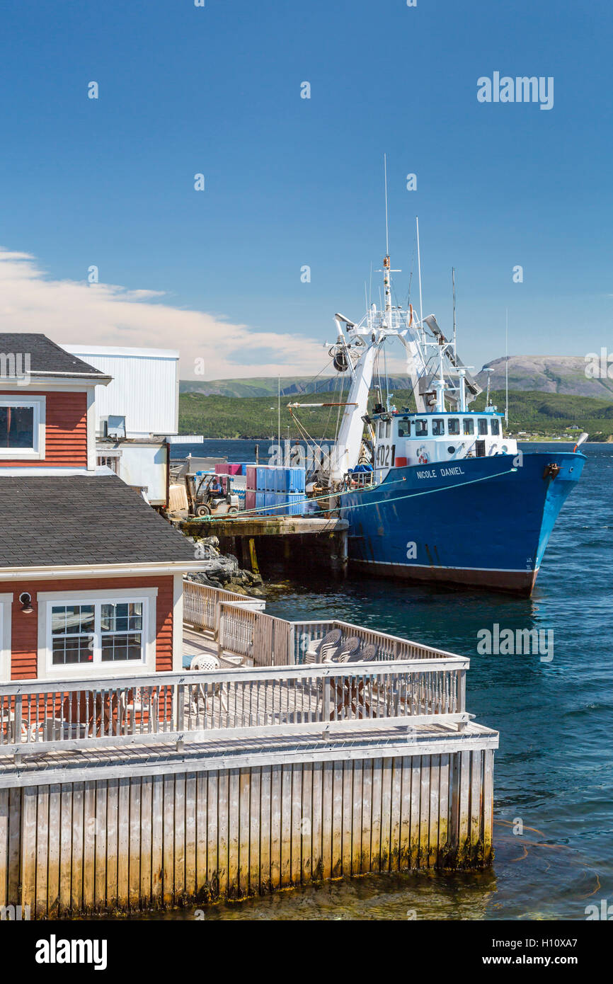 Una barca da pesca presso il dock al punto di Woody, Terranova e Labrador, Canada. Foto Stock