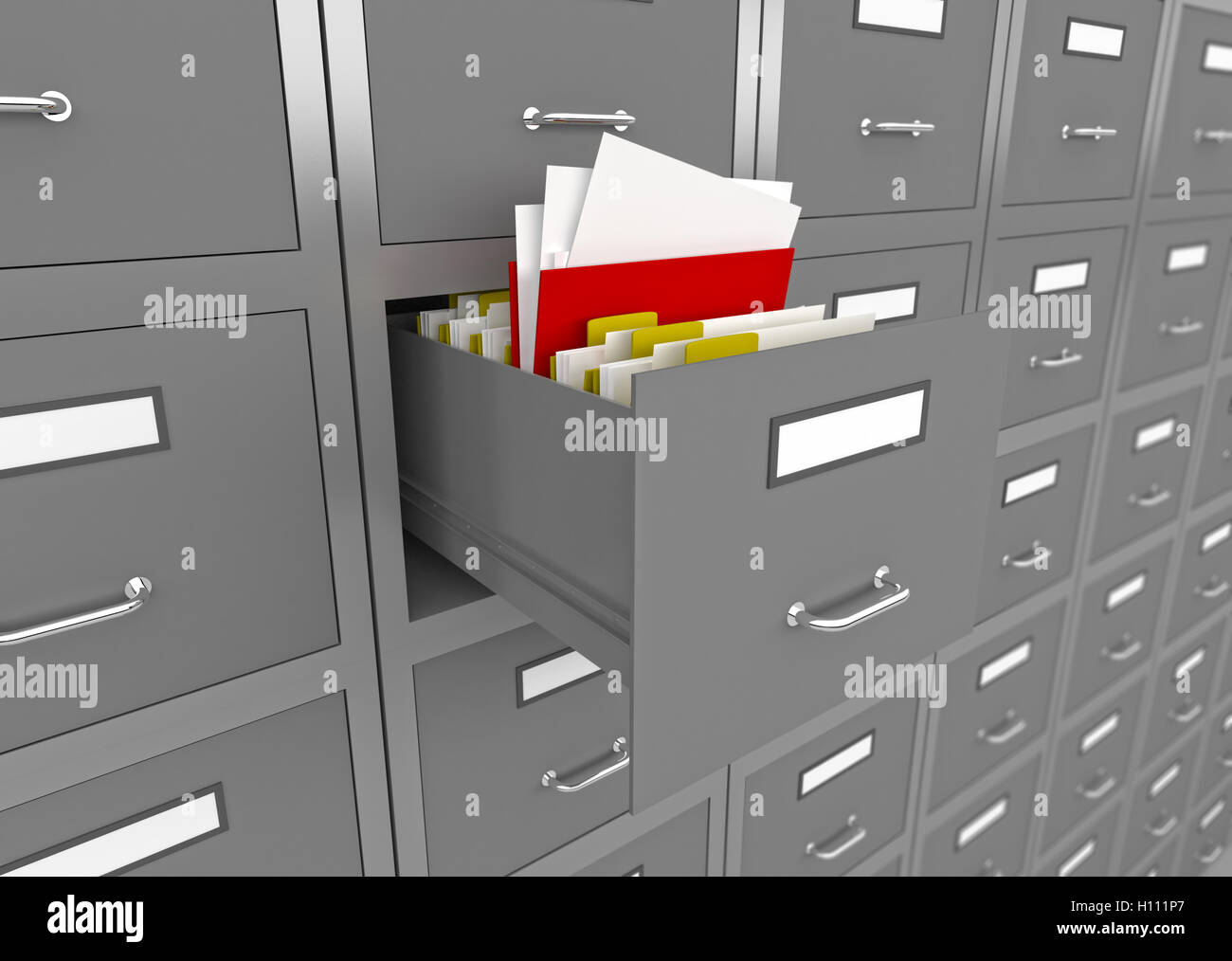 File cabinet con un cassetto aperto. Foto Stock