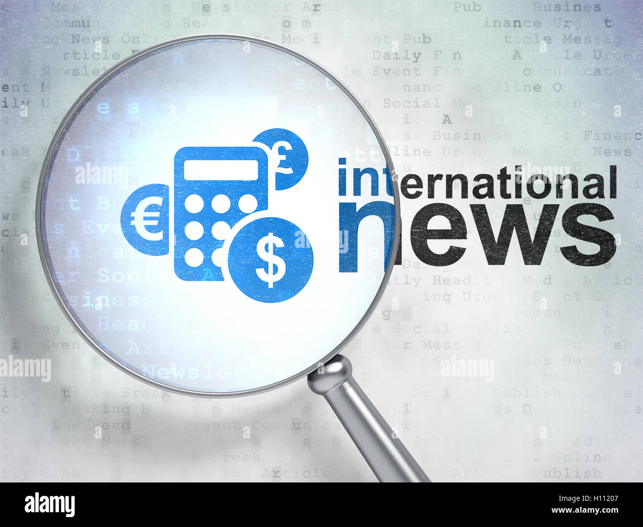 News concept: calcolatrice e notizie internazionali con vetro ottico Foto Stock