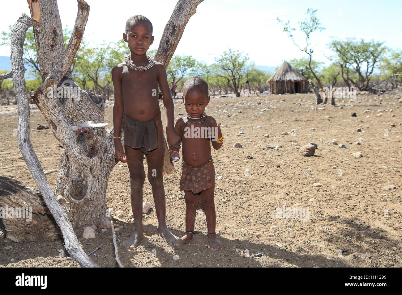 Due bambini Himba pongono nella regione di Kunene di Namibia Foto Stock