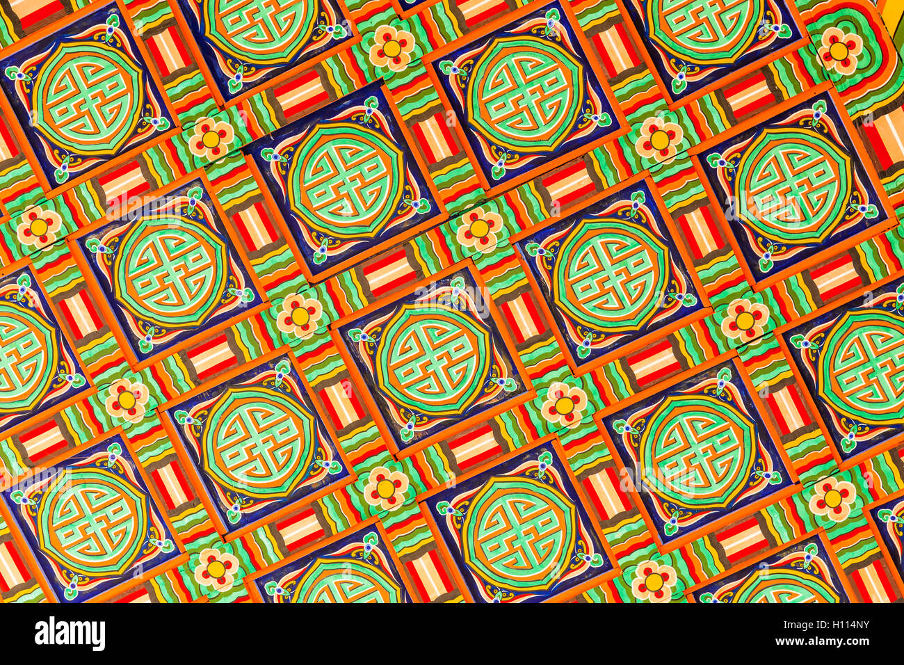 La decorazione del soffitto in coreano architettura tradizionale Foto Stock