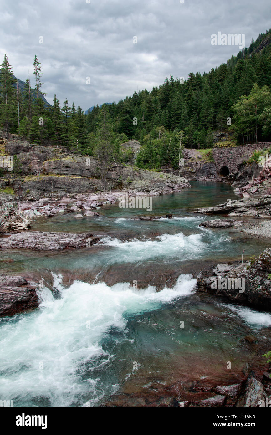 Acqua che scorre in un giorno nuvoloso presso il Glacier National Park Foto Stock